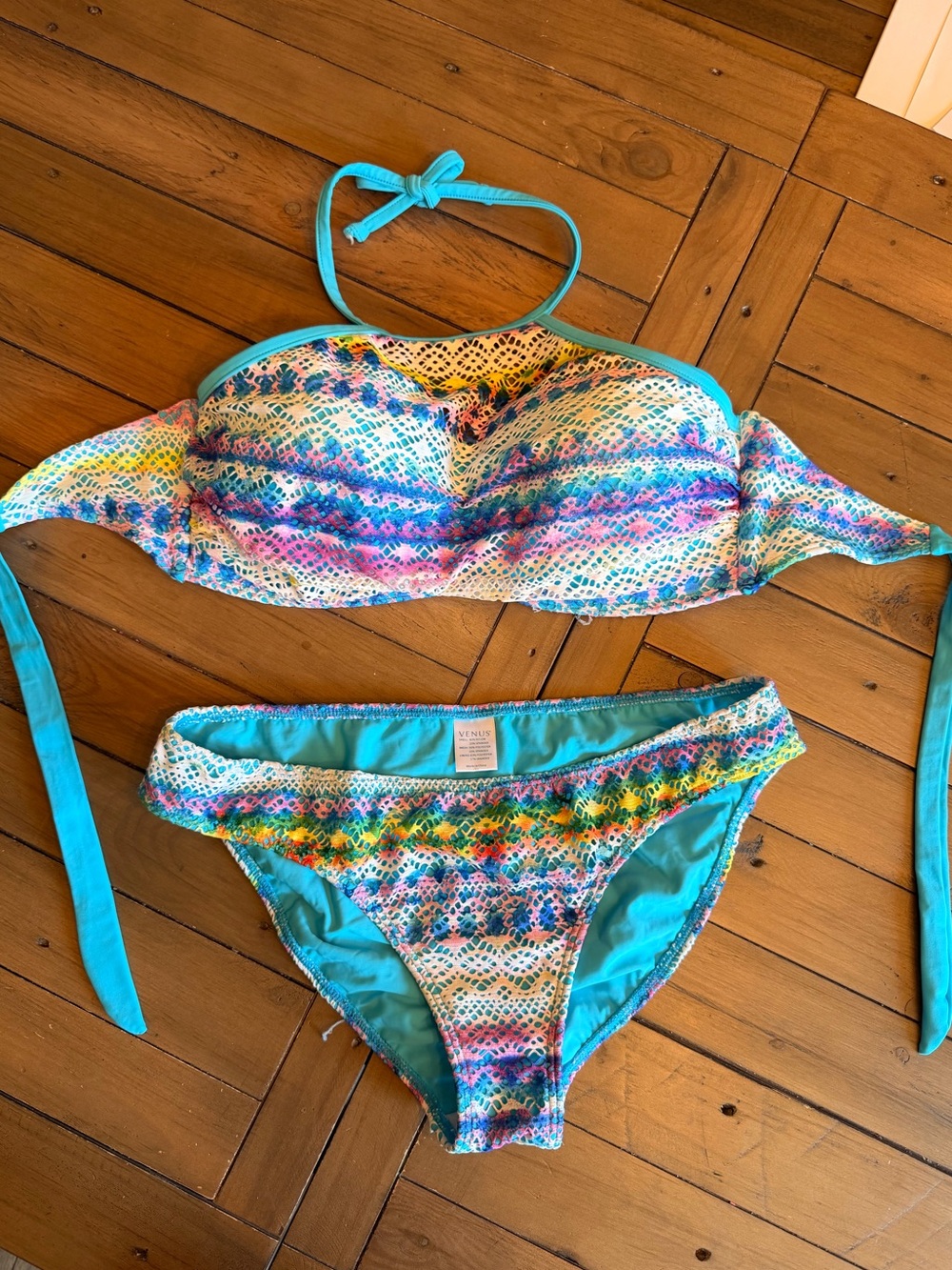 VENUS Multicolor Crochet Bandeau Bikini Top with Turquoise Trim Size D/12